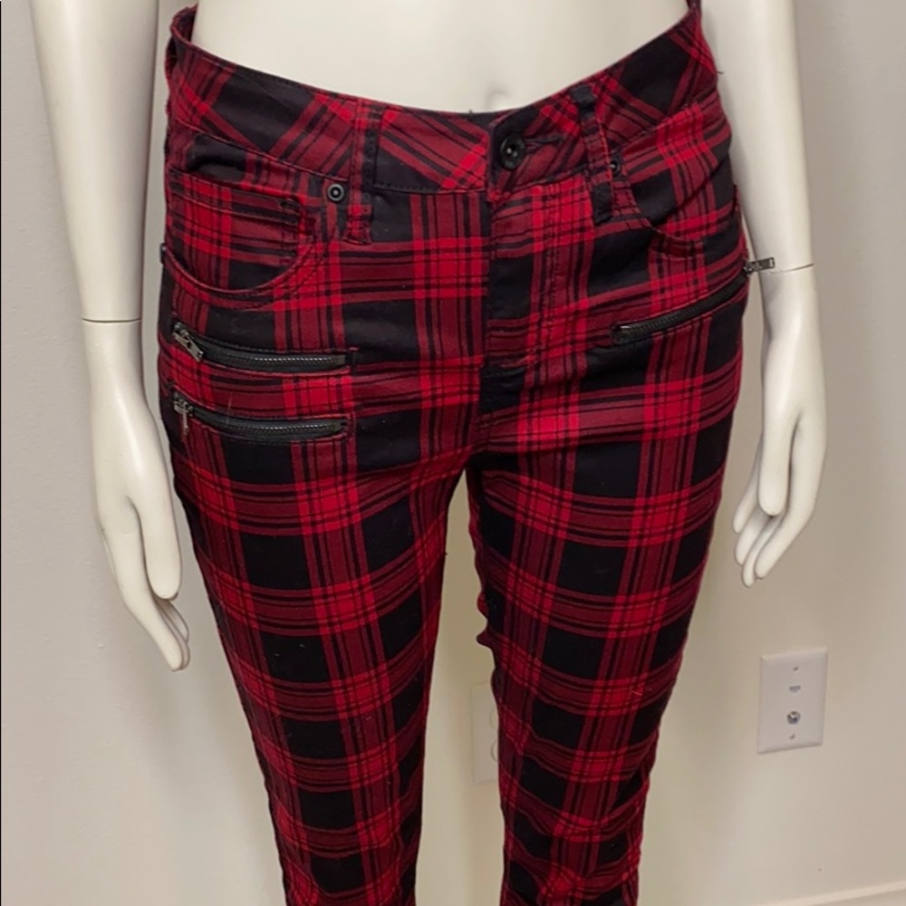 High Rise Red Black Plaid Skinny Jeans